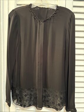 Elie Tahari Elegant Black Women's Silk Blouse with Floral Lace Hem size Small